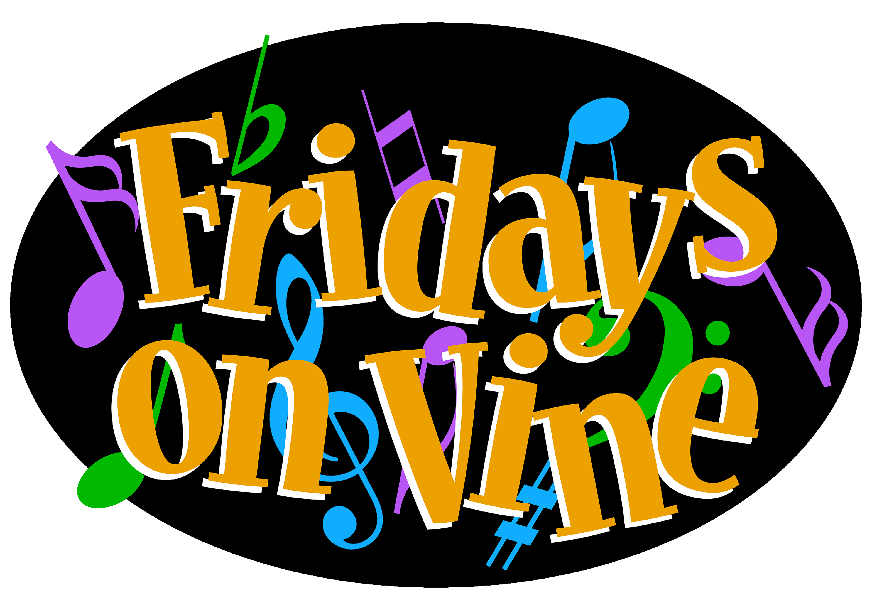 A vibrant graphic with the words &lsquo;Fridays on Vine&rsquo; in bold orange, stylized lettering. Purple, blue, and green musical notes surround the text, suggesting a lively music‑themed community event.